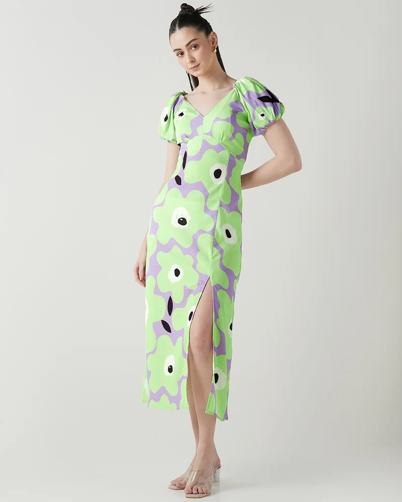 بيواكوف Women's Green & Purple All Over Printed Dress